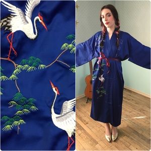 Gorgeous blue kimono robe with embroidered cranes